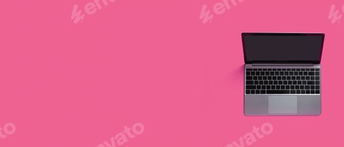 Preview: Top view of modern laptop isolated on colored background. Copy space