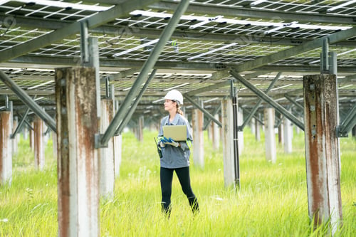 Preview: photovoltaic panel, Engineer with energy measurement tool photovoltaic modules for energy