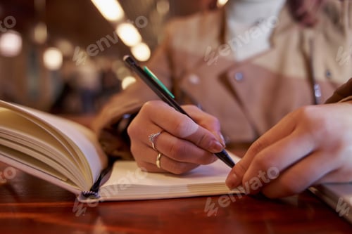 Preview: close-up of a woman's hands writing in a notebook while she waits for her order in a restaurant