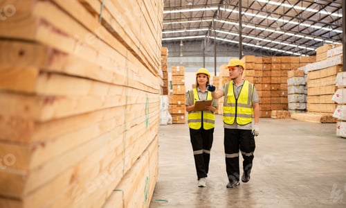 Preview: Both of workers work in a woodworking factory, Checking inventory the wood in the wooden warehouse