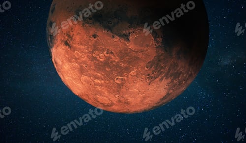 Preview: Red planet Mars with craters in space with stars. Space wallpaper concept