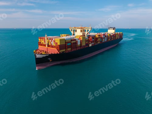 Preview: Large cargo ship transporting colorful containers across ocean