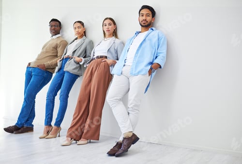Preview: Waiting room, staff and business people with portrait and hiring employee group in a office. Job in