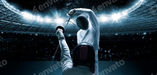 Preview: Portrait Of Two Fencers Against The Backdrop Of A Sports Arena. The Concept Of Fencing. Duel. Mixed