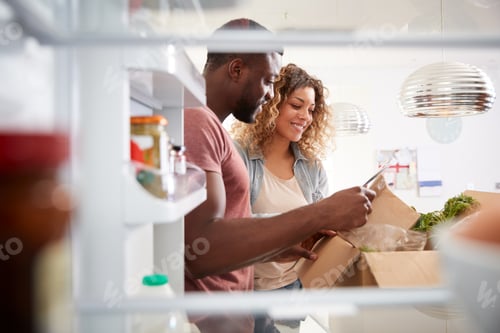 Preview: View Looking Out From Inside Of Refrigerator As Couple Unpack Online Home Food Delivery