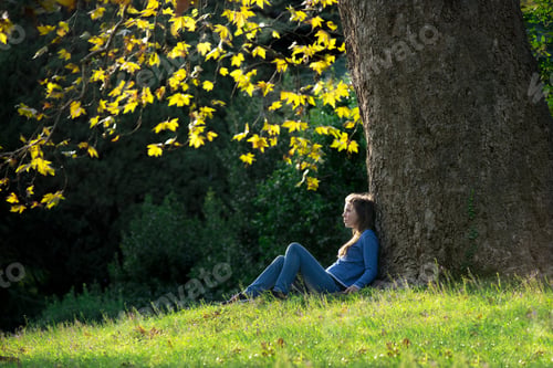 Preview: Girl sitting on the grass under a maple tree in autumn