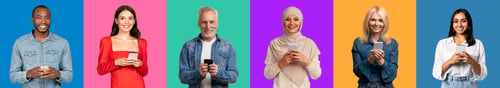 Preview: Diverse group of people of varying ages and ethnicities, happily engaged with their smartphones