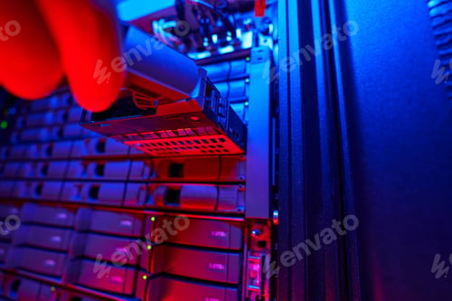 Preview: Modern tech equipments on server racks in server room