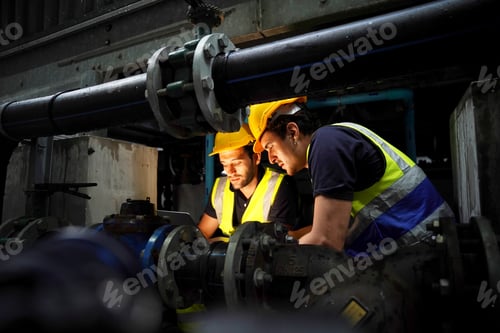 Preview: Two workers inspecting equipment in a factory during evening shift