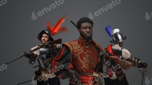 Preview: Multicultural group of medieval conquistadors against grey background
