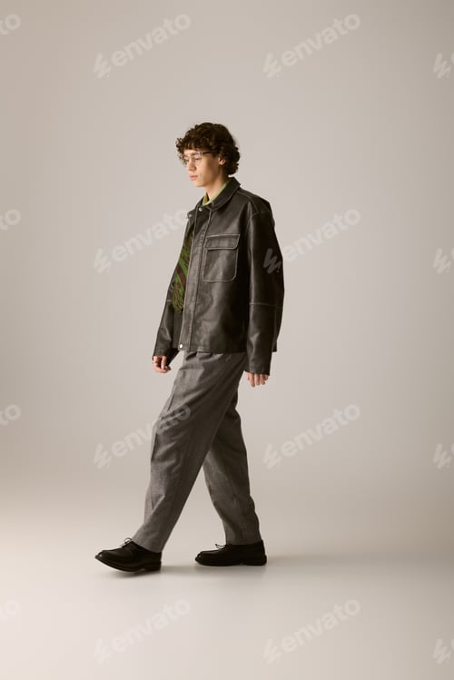 Preview: Stylish young man walks confidently in modern fashion within a minimalist studio setting