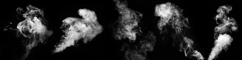 Preview: A set of different steam smoke gas isolated on black background. Swirling, writhing smoke to overlay