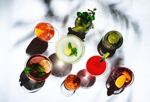 Preview: Most popular trendy cocktails set: aperol spritz, negroni, mojito, gin tonic