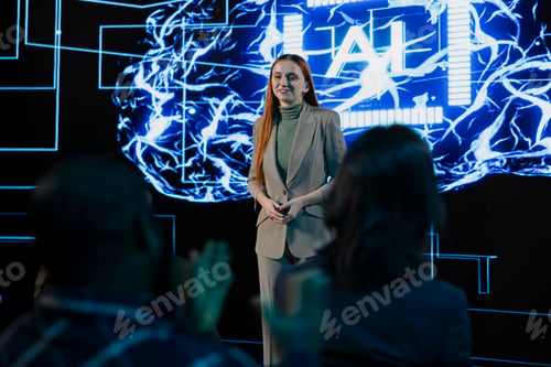Preview: Businesswoman presenter does AI systems presentation with AI graphics