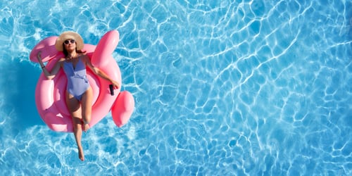 Preview: Woman relaxing on pink flamingo inflatable ring