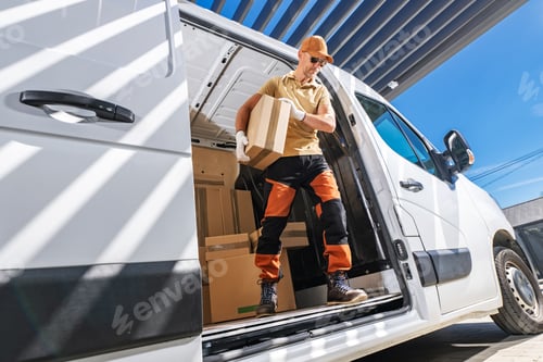 Preview: Delivery Worker Unloading Packages From a Van in Bright Daylight