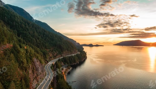 Preview: Sea to Sky Highway on West Coast of Pacific Ocean. Cloudy Sunset Sky.