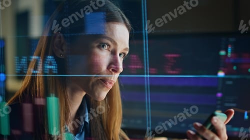 Preview: Busy manager calculating data in numbers hologram closeup. Focused stock trader