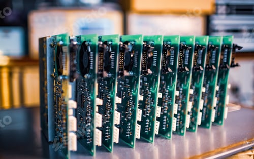Preview: Close-up electric green embedded microcircuits in production