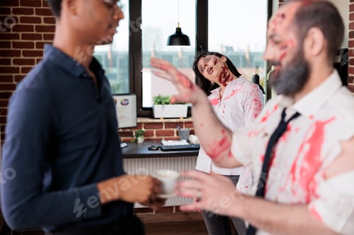Preview: Fatigued workers looking like zombies in office mindlessly doing tasks