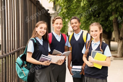 Preview: Teenage students in stylish school uniform outdoors