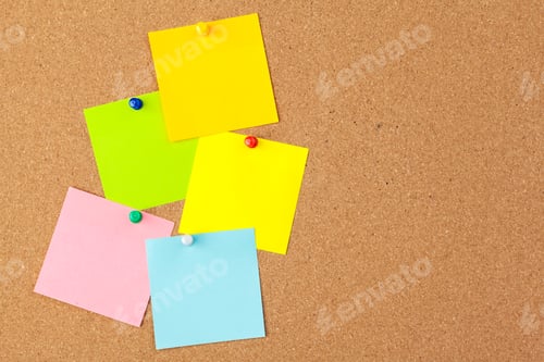 Preview: Cork board with several colorful blank notes with pins
