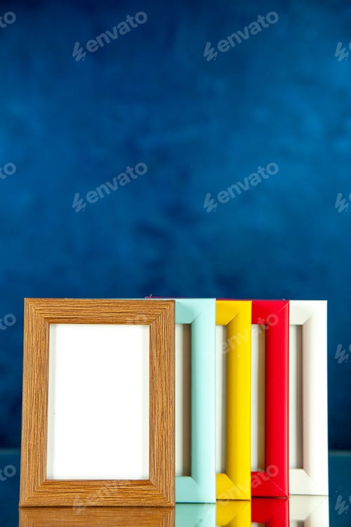 Preview: front view different picture frames with colored corners on blue background family memory glass