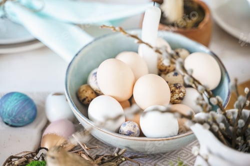Preview: Table decoration for Easter celebration in kitchen.Tablescape for Easter holiday at home.Family reli