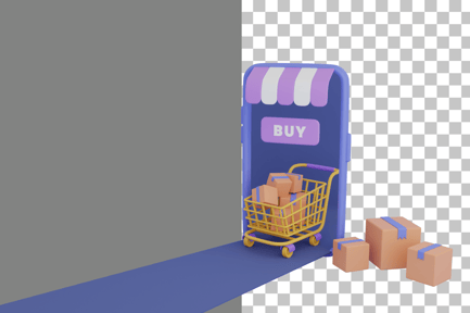 Preview: Shopping Cart with Box and Mobile 3D Icon