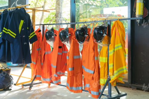 Preview: Firefighter or fireman safety tools, in a gear room, an emergency accident rescue safety equipment