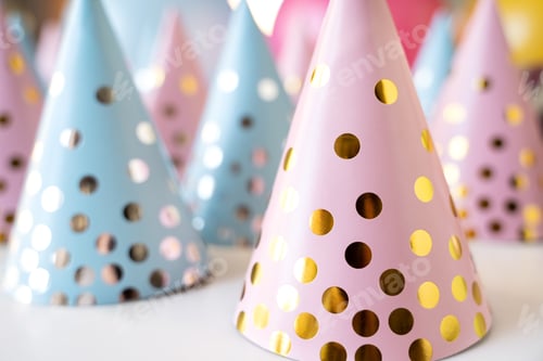 Preview: Many holiday caps for friends.Kids birthday party at home.Blue,pink polka dot hat.Family celebration