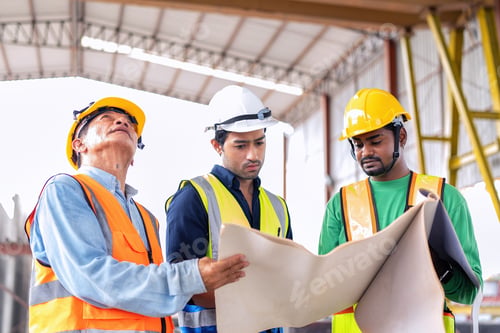 Preview: At construction site engineer check drawing correctness concrete mold before pouring concrete