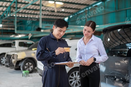 Preview: woman paying via credit card to mechanic man in repair shop