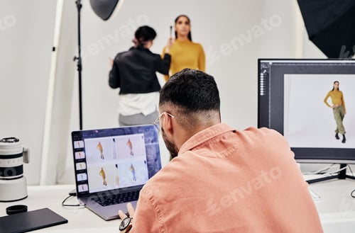Preview: Laptop, photography editor and model in studio with photographer and shooting fashion design magazi