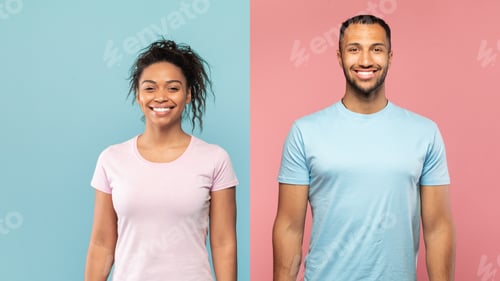 Preview: Portrait of happy african american couple looking at camera and smiling, posing standing over blue