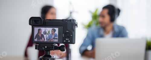 Preview: Close up camera record in studio two Asian radio hosts recording podcast in broadcasting studio