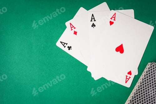 Preview: Playing cards, Four aces on green background. Free space for text