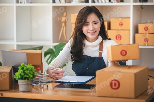 Preview: Small start-up business owners using computers at work, freelancers, saleswoman, checking production