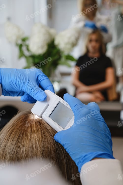 Preview: Trihologist examines head skin of woman with special dermatology equipment