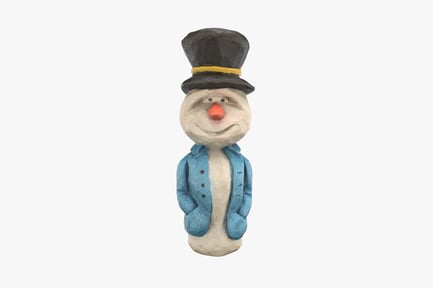 Preview: Hand Carved Wooden Snowman Figure with Top Hat and Blue Jacket