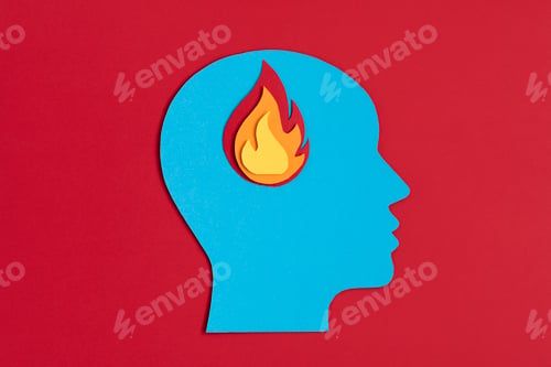 Preview: Papercut head with fire inside. Mental health problems, burnout, psychology, stress, mental illness