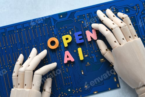 Preview: AI artificial intelligence concept - robot hand spelling out Open AI on blue computer motherboard