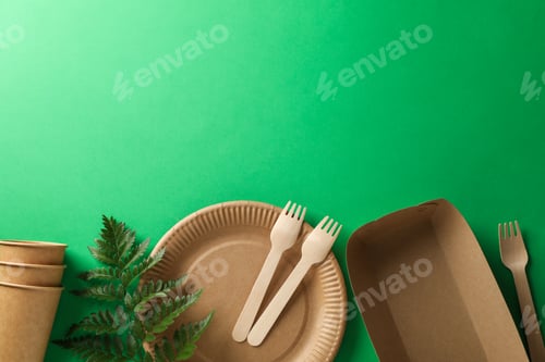 Preview: Concept with eco - friendly tableware and plant on green background, copy space