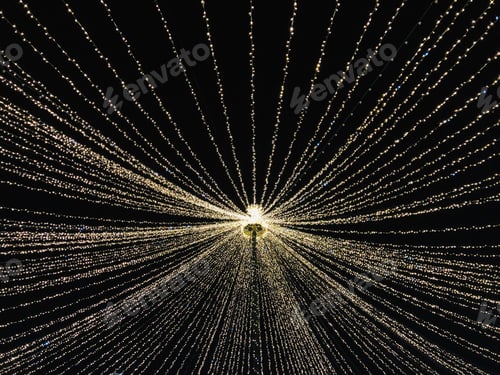 Preview: Looking up at golden Christmas lights shining in the night