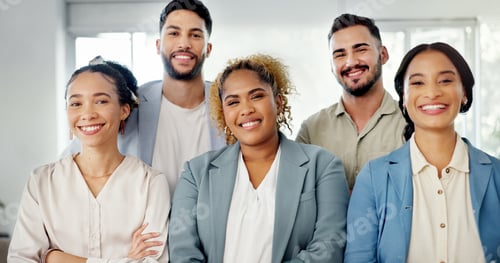 Preview: Business people, teamwork and arms crossed in office with diversity portrait, face or company visio