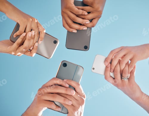 Preview: Hands, phone and people networking below on social media or mobile app with blue sky background. Lo