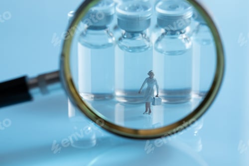 Preview: Closeup shot of a magnifying glass with covid19 vaccine bottles and a nurse figure