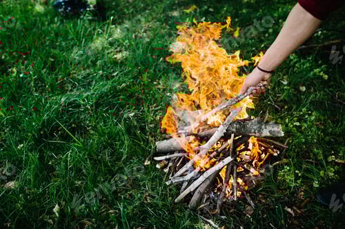 Preview: Campfire on the nature. The branch is in the hands of man