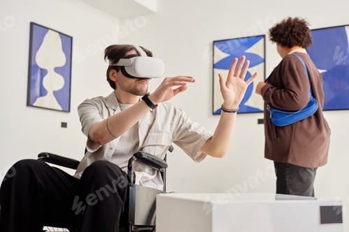 Preview: Man Wearing VR Tech Interacting with Artwork in Accessible Art Exhibition