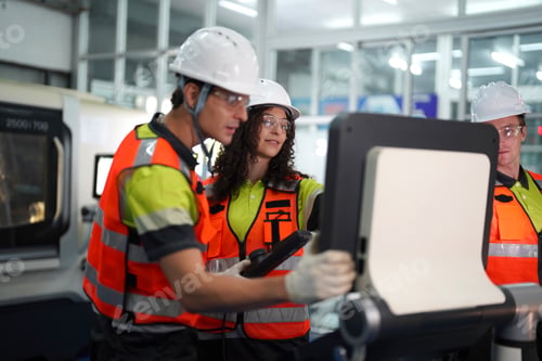 Preview: Team of engineers collaborating on equipment in a modern workplace setting
